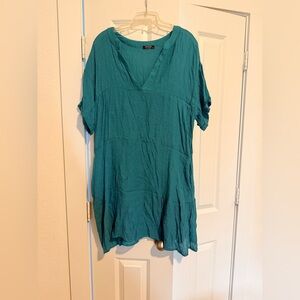 Anna Teal V-Neck Short Sleeve Tunic Dress Swim Cover Up